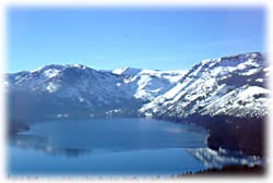 Photo of Emerald Bay in the winter.  It was taken from a plane looking toward Desolation Wilderness and the snow covered peaks.